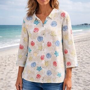 New! Anthony's Resort Wear Seashells Top 3/4 Sleeves 100% Cotton Size XL NWT